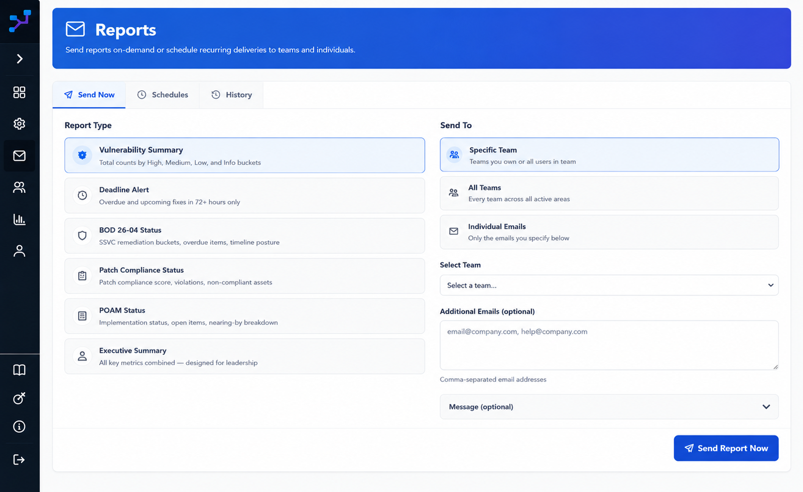 Reports console with report types, recipients and scheduling options